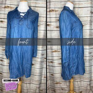 Maurices Lace-up Front Collared Long-Sleeve Chambray Dress